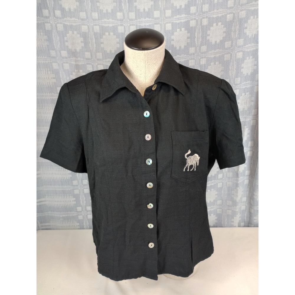 Vintage Sheri Martin Top Women's Medium Black Zebra Embroidered Pocket Button Up